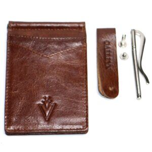 Men's Leather RFID Money Clip Slim Wallet with Leather Keychain Caramel Twist